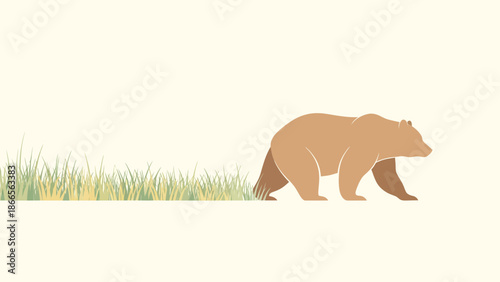 Brown Bear Strolling Through Green Grass Field Minimalist Design Style