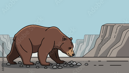 Brown Bear Strolling Through Arid Canyon Landscape Illustration With Blue Sky