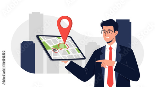 Business Man Showing Navigation Map App On Tablet In Urban Environment