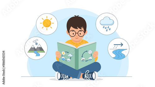 Boy Reading About Hydrological Cycle For Education Illustration Concept