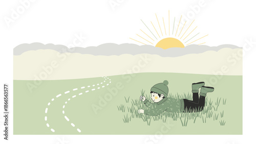 Boy Relaxing On A Grass Meadow Enjoying Peaceful Day With Sunny View