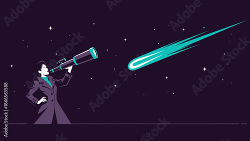 Businesswoman Discovering Comet Using Telescope In Night Sky Vision Future
