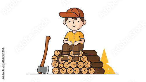 Boy Resting on Stacked Logs near Axe Cartoon Illustration Vector Image