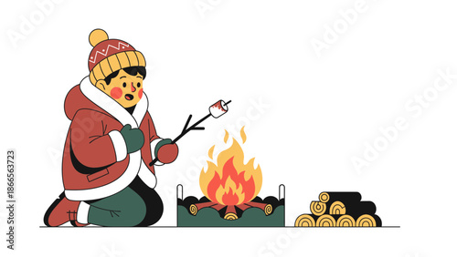 Boy Roasting Marshmallow Near Warm Bonfire During Cold Weather Season