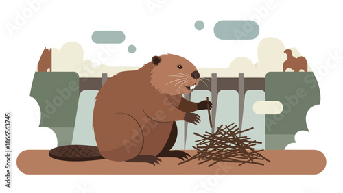 Busy Beaver Constructing Dam Cartoon Illustration For Environmental Conservation