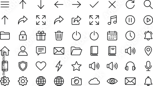 Minimal user interface line icon set featuring arrows controls media navigation communication system symbols isolated vector illustration collection