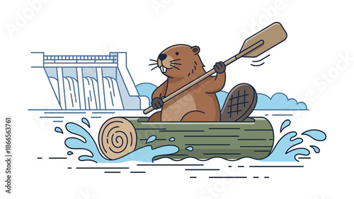 Busy Beaver Navigating Rapids in Log Canoe Near Massive Dam Illustration