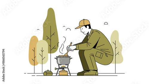 Camp Chef Prepares Meal Outdoors In Nature Camping Adventure Concept