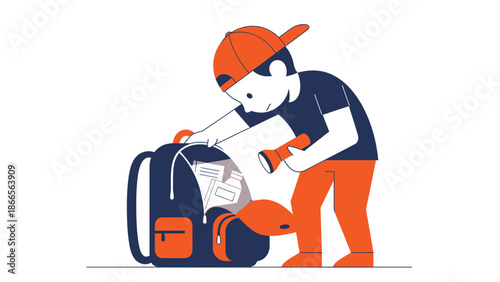 Boy Searching Through Backpack With Flashlight For School Supplies