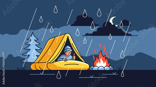 Camper Safe In Tent During Rainy Night Camping Adventure With Campfire