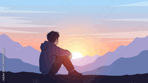 Boy Sitting And Contemplating The Horizon At Dusk In Front Of Mountains