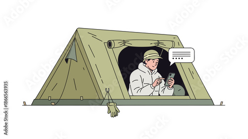 Camper Using Smartphone Inside Tent Outdoor Communication and Connectivity in Nature