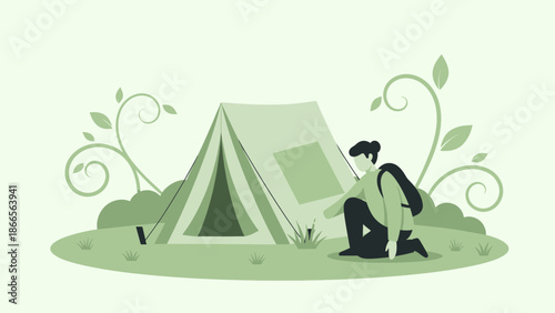 Camper Sets Up Tent With Nature Backdrop In Relaxing Rural Landscape