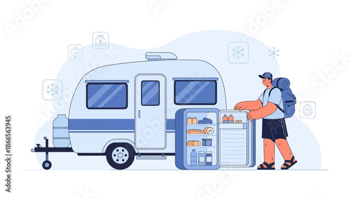Campervan Adventure Preparing Refrigerator for Camping Trip in Nature Illustration