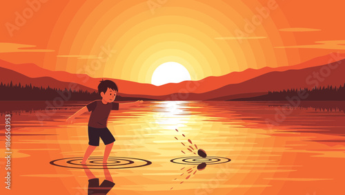 Boy Skipping Stones Across Serene Lake At Golden Hour Sunset Landscape Scene