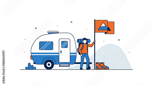 Campervan Road Trip Adventure With Backpacking Gear And Mountain Flags Illustration