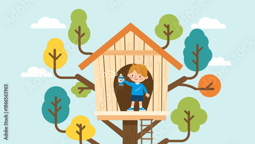 Boy Spraying Against Bugs In Treehouse Outdoor Adventure And Safety