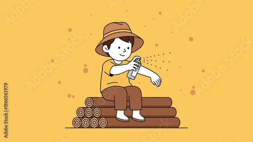 Boy Spraying Insect Repellent in Nature Cartoon Vector Illustration