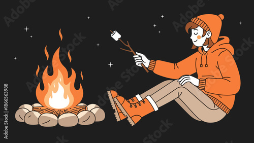 Campfire Stories Underneath Stars Young Woman Roasting Marshmallow On Camp At Night