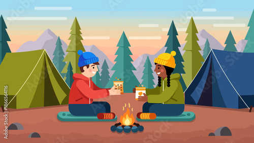Camping Adventure With Friends Relaxing By The Fire In Mountain Scenery