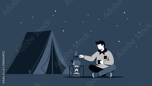 Camping Adventure With Night Sky And A Man Relaxing With Hot Beverage