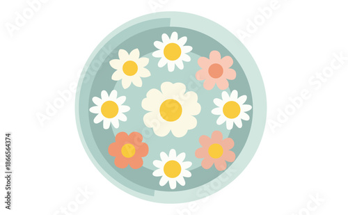 Water bowl with camomile blossoms – herbal spa infusion illustration
