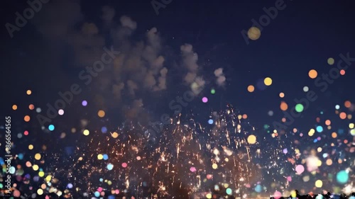 Festive Fireworks Bursting in Night Sky with Bokeh Lights, and Celebration Magic.