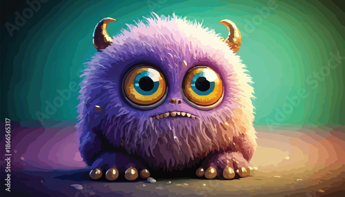 Adorable Purple Monster with Golden Horns and Big Eyes.
