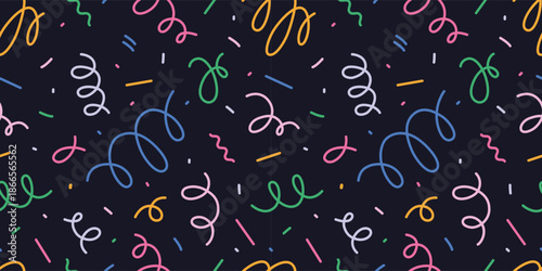 Seamless pattern with colorful confetti, streamers and decorative shapes. Festive abstract design for celebrations and events. Trendy vector illustration on dark background, hand drawn, flat
