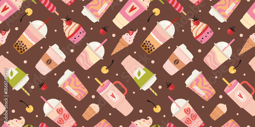 Seamless pattern with sweet drinks, desserts and takeaway cups. Cute art of cafe treats and beverages. Trendy vector illustration on chocolate brown background, hand drawn, flat design