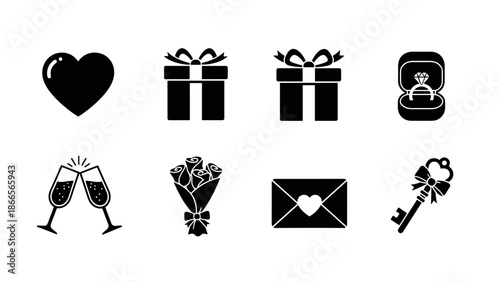 Romantic icon set: Celebrating love and commitment.