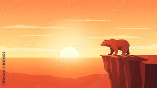 Bear At The Edge Of Cliff Staring At The Sun Minimalist Graphic Style