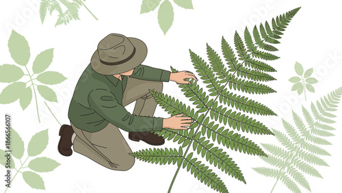 Botanist Inspecting Fern Vegetation In Natural Environment Illustration