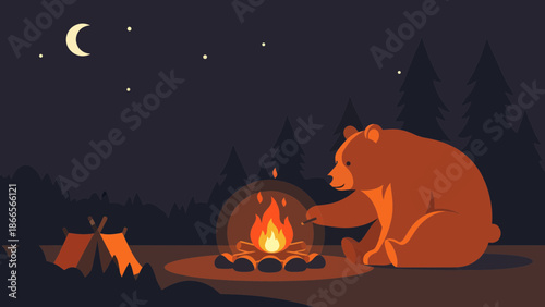 Bear By Campfire Under Moonlight Cartoon Minimalist Composition Night Setting