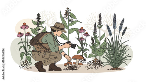Botanist Photographer Exploring Nature Plants and Mushrooms Illustration