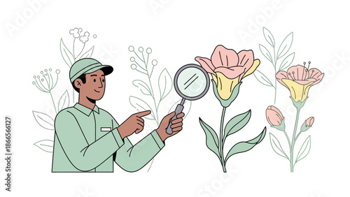 Botanist Observes Exotic Flowers With Magnifying Glass In Natural Environment