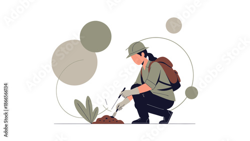 Botanist Woman Digging Soil For Planting Seeds In Garden Illustration