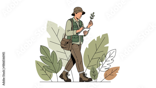 Botanist Taking Notes On Plant Life In Nature Illustration Style