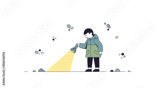 Boy Adventures With Flashlight Searching For Something In Outdoor At Night