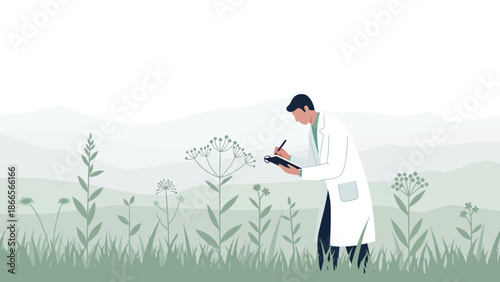 Botanist Studies Wildflower Field During Botanical Research in Nature Scene