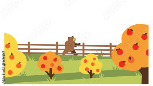 Bear Escaping Through Apple Orchard On Sunny Day Illustration Vector