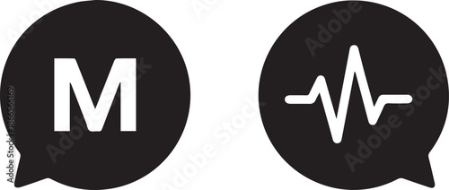 silhouette vector icon of a speech bubble with an M or heartbeat line on white background.