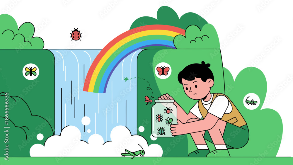 Fototapeta premium Boy Capturing Insects On Sunny Day Near A Waterfall With Rainbow