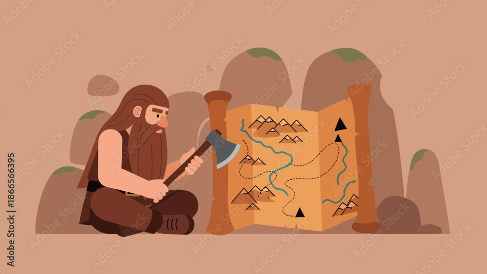 Fototapeta premium Bearded Explorer Planning Adventure Route with Map and Axe in Hand