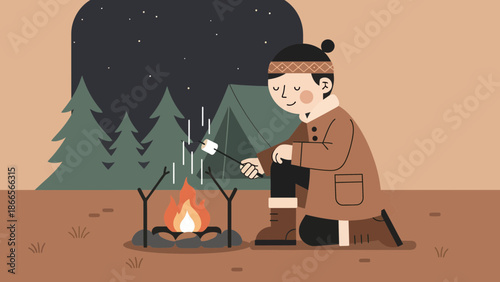 Boy Camping And Roasting Marshmallows By Campfire In Forest At Night