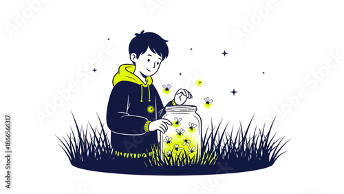 Boy Capturing Fireflies In Jar At Night Summer Meadow Illustration