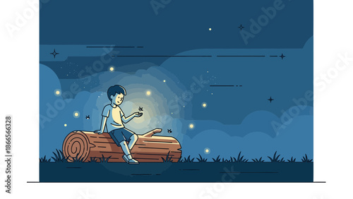 Boy Captures Firefly At Night Vector Illustration On Log For Summer Fun