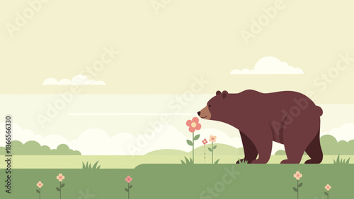 Bear Sniffing Flowers Flat Illustration in a Peaceful Landscape Nature