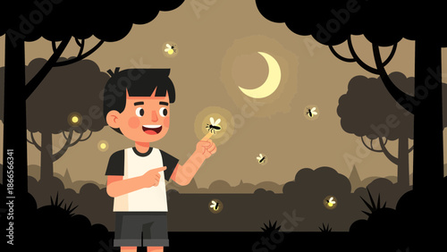 Boy Catches Firefly In Night Forest Under Crescent Moon Illustration