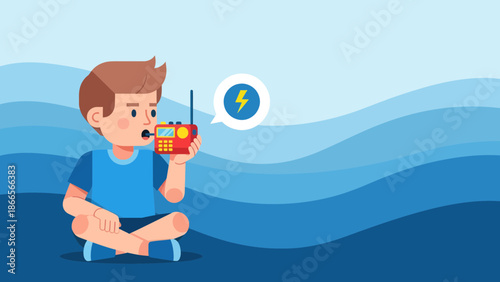 Boy Communicating Through Walkie Talkie With Distant Signal Under Blue Sky